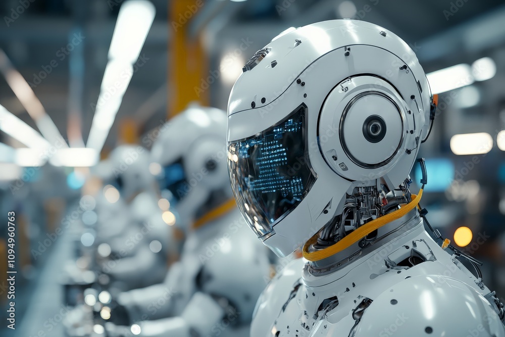 Poster a line of advanced robots in a futuristic factory environment, illustrating automation, technologica