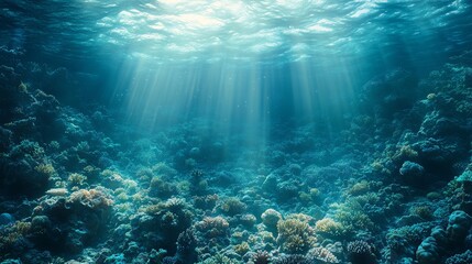 Fototapeta premium Deep sea underwater with coral reefs and lights