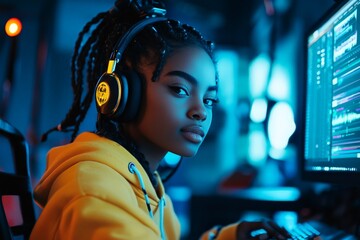 Obraz premium A young woman with braids concentrates on her computer screen while wearing oversized headphones in a modern, colorful environment. High focus on technology and creativity.