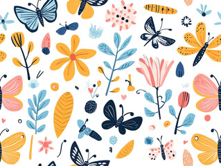 A colorful butterfly pattern with flowers and leaves. The butterflies are of different sizes and colors. 