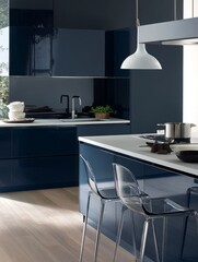 Modern Dark Blue Kitchen Island With Transparent Chairs