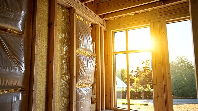 A construction worker meticulously installs thick insulation sheets between wooden beams on a home&rsquo;s interior wall, with sunlight streaming through unfinished windows