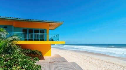 Obraz premium Tropical Beachside House with Vivid Yellow Exterior and Clear Blue Sky over Calm Ocean Waves, Capturing Serenity and Coastal Charm in a Perfect Summer Scene