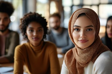 A young woman in a hijab smiling attentively, with a diverse group of students in the background, symbolizing inclusivity and focus on education.