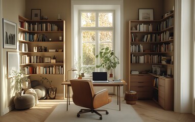 Home office with bookshelves, desk, and window.