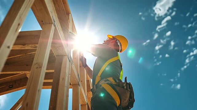 A construction worker reaches high to adjust insulation on an upper wall frame, using a stapler to secure the material under bright natural light, representing the hands-on care in