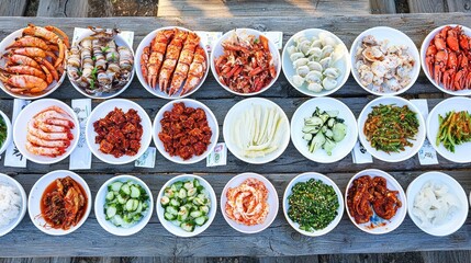 Seafood feast preparation coastal area culinary showcase outdoor setting aerial view gastronomic experience