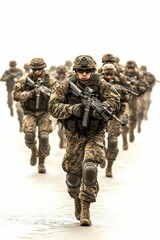 Soldiers advance, weapons ready, tactical mission.