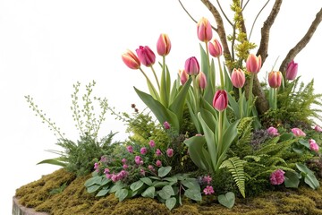 Spring Floral Arrangement with Tulips and Greenery, vibrant colors, nature photography, spring flowers, floral arrangement
