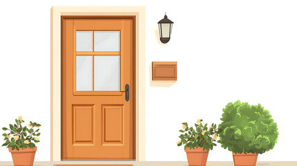 Obraz premium welcoming front door with potted plants and a lantern, inviting and homey atmosphere.