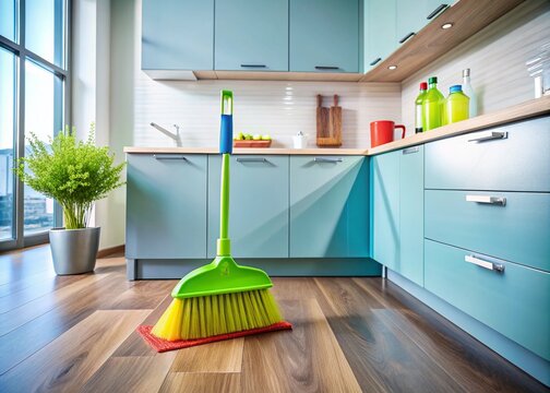 Efficiently Using a Recogedor for Quick Cleanup in a Modern Home Environment with Ample Copy Space for Text and Branding