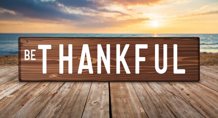 be thankful lettering on wooden sign board with beach summer background