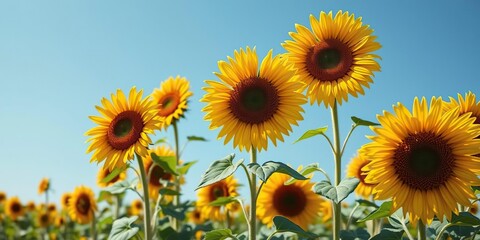 Obraz premium Sunflowers in a field with a blue sky, natural scenery, blue sky