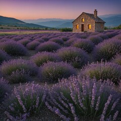 A serene lavender field at dusk with a small stone cottage in the background.


