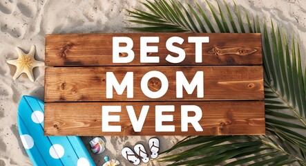 best mom ever lettering on wooden sign board with beach summer background