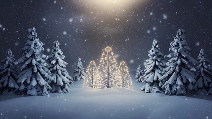 Naklejka premium Tranquil Snowy Landscape with Brightly Lit Winter Trees and Falling Snow