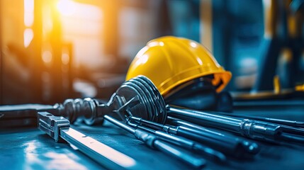 Fototapeta premium Yellow Safety Helmet and Various Hand Tools on a Workshop Table in a Bright Industrial Environment with Warm Light Details