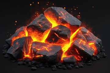 Close-up of a stack of burning black lava rocks with orange light