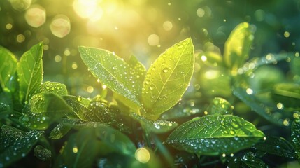 Close-up of dew-covered green leaves illuminated by sunlight.