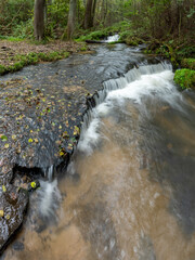 Rocky threshold on the wild river Sopot. Small water cascade, autumn. Landscape park Solska forest...