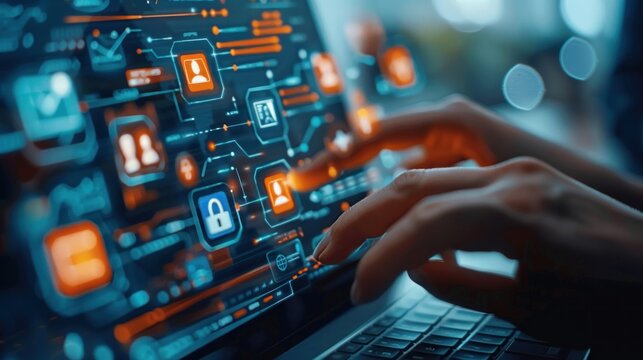 A close-up of a laptop screen displaying digital security and networking graphics.