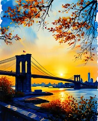 Sunset Over Brooklyn: A Watercolor Tribute to New York City’s Iconic Skyline