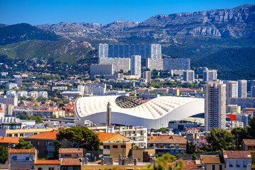 Stade Vélodrome stadium and Marseille cityscape view © xbrchx