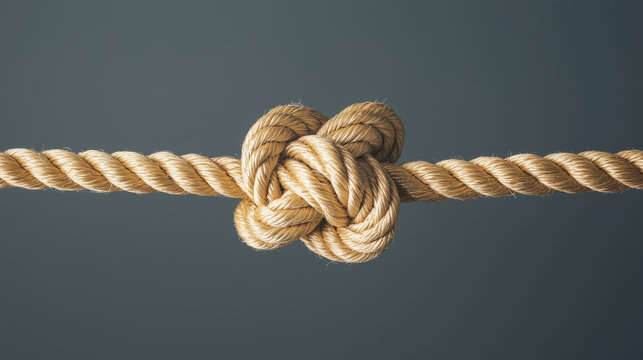 Close-up of a intricately tied rope knot against a soft blue background.