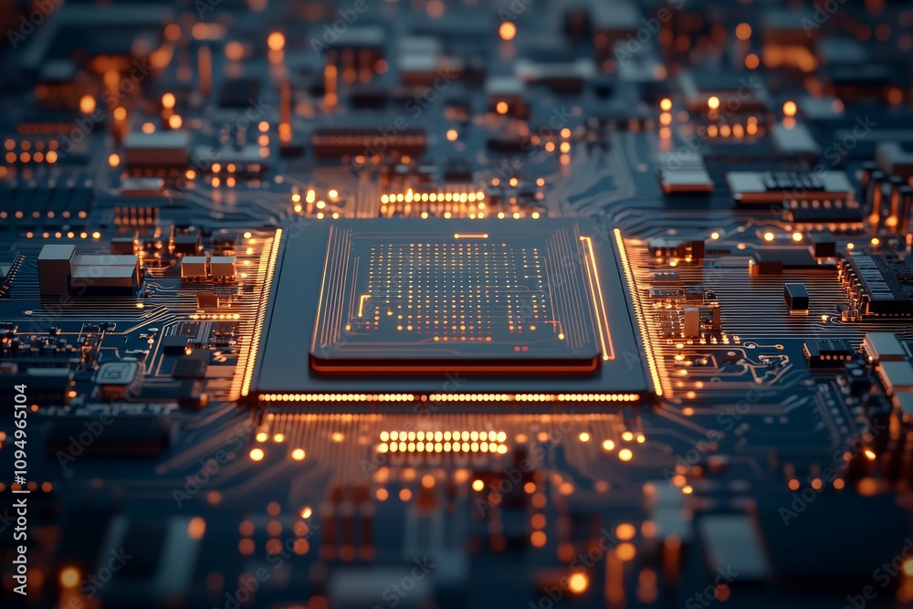 Poster a close-up view of a cutting-edge microchip embedded on an electronic circuit, symbolizing advanced 