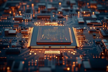 Obraz premium A close-up view of a cutting-edge microchip embedded on an electronic circuit, symbolizing advanced technology and precision engineering in the digital era.