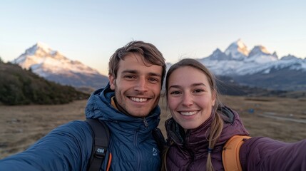 Couple enjoys memorable adventure in breathtaking mountain landscape at sunset