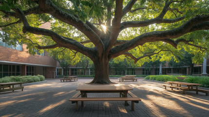 Obraz premium One large tree with empty campus benches underneath - Soft afternoon light, peaceful