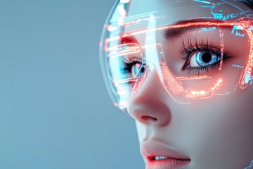 A close-up image displays vibrant, techno glasses with digital overlay on a face, emphasizing advanced optics and futuristic design elements in high detail.