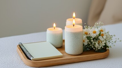 Creating a cozy atmosphere candle arrangement with flowers and notepad home setting still life tranquil environment warm concept