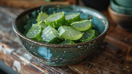 Obraz premium A bowl filled with fresh aloe vera leaves, showcasing their vibrant green color and texture.