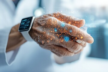 Hands of an elderly person with a smartwatch, overlaid with digital holograms illustrating network connectivity and technology's impact on aging populations today.