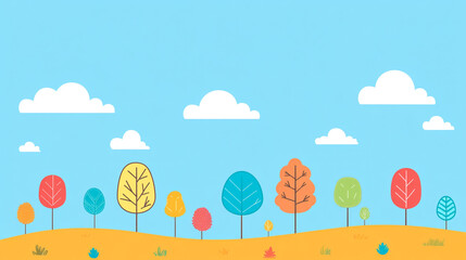A beautiful 2D flat illustration autumn scene with trees and clouds in the sky.