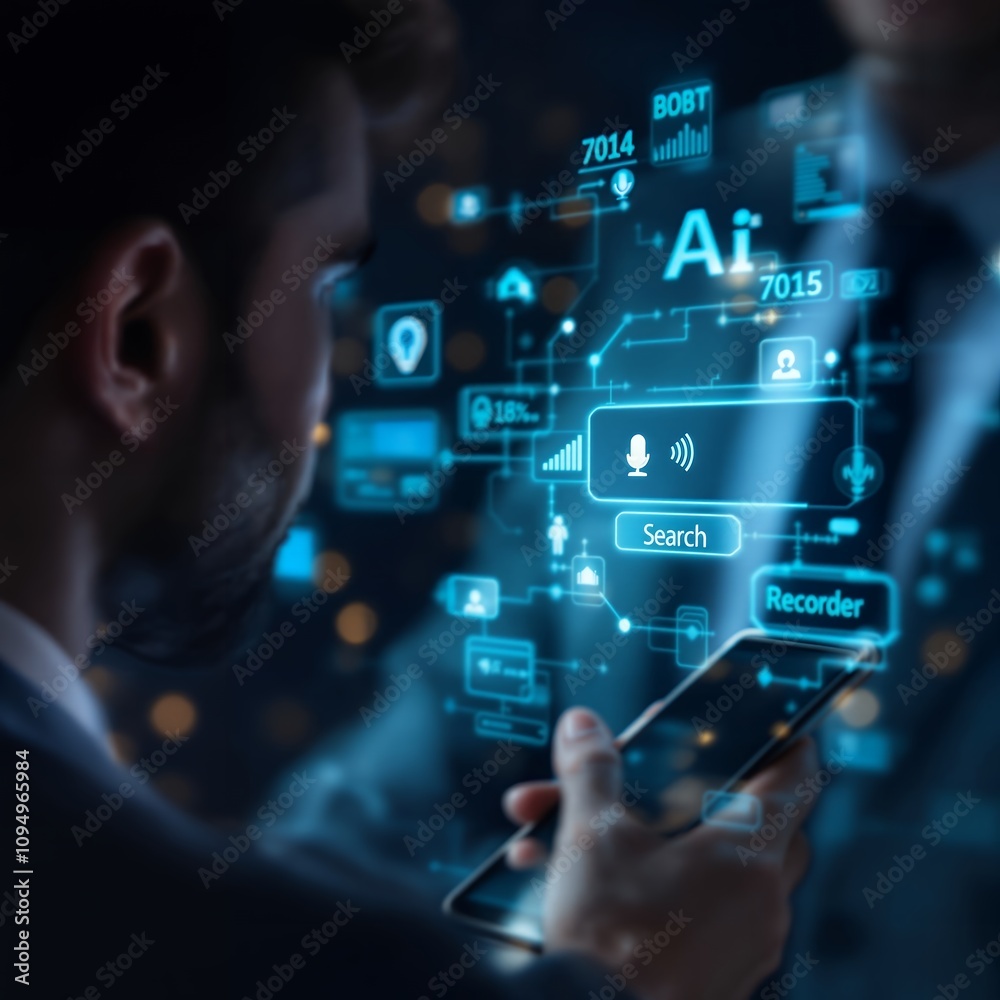 Poster businessman engaging in ai-powered voice recording conversation with smartphone for effortless infor