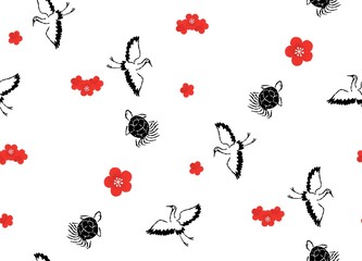 Plum blossom and crane-turtle pattern, Tenugui, Japanese pattern, Wallpaper, Red and white