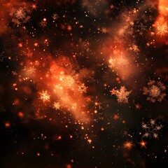 Fototapeta premium Fiery orange and black winter nebula with snowflakes.