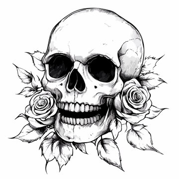 recommend clip art: Black and White Skull with Roses Tattoo Design