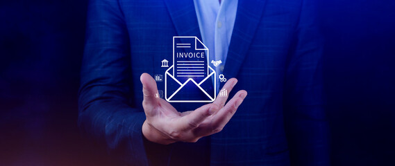 Invoice and online digital statements concept, using touch with invoice icons on virtual screen, Financial report and bank management with online payment concept E.invoice invoice.