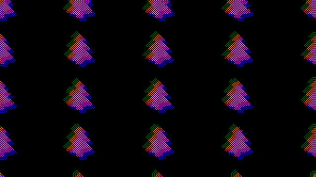 Lo-fi retro 8bit pixel art abstract Christmas, new year holiday background - colorful Xmas fir trees in mosaic style or 2d pixel design. Looped video glitch animation, retro futuristic digital footage