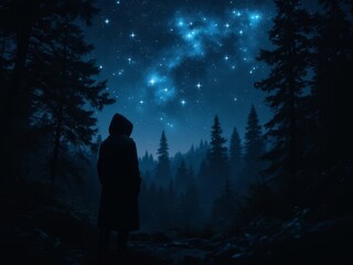 Silhouetted figures, a crackling fire, and a star-dusted forest.  Campfire glow illuminates faces.