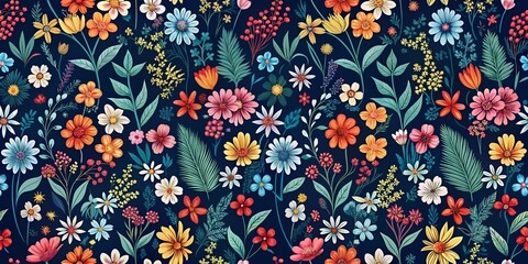 Elegant Floral Pattern on Dark Blue Background for Fashion Prints Featuring Small Colorful Flowers in Surreal Style for Textile and Home D&eacute;cor Applications