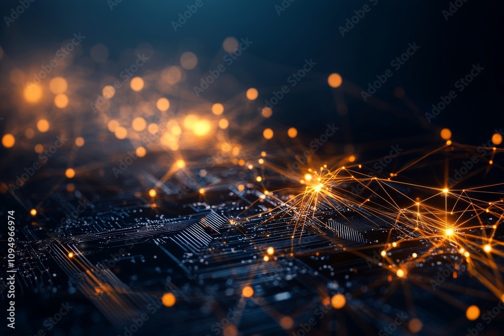 Poster dynamic glowing circuitry represents a complex network of connections and data, highlighting themes 