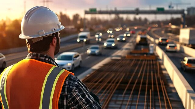 Focused on details, a construction worker in a hard hat inspects rebar placements for a new bridge on a high-speed highway, concrete beams and vehicles in the background, embodying