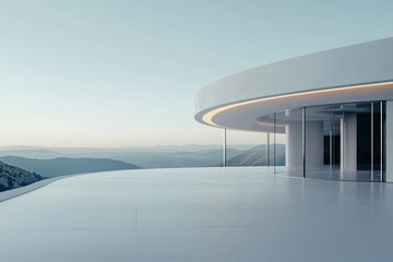 A sleek modern circular building with large glass panels offering panoramic views of distant mountains, symbolizing harmony with nature and innovative architecture.