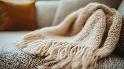 Cozy Knit Blanket Draped Over Soft Sofa Cushion for Inviting Living Room Decor in Warm Tones and Textures Ideal for Comfort and Relaxation