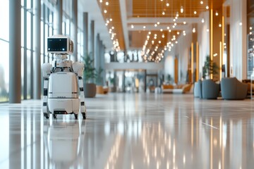 A sophisticated robotic assistant navigates a luxurious and spacious lobby with floor-to-ceiling windows, combining modern technology with an aesthetic architectural design.